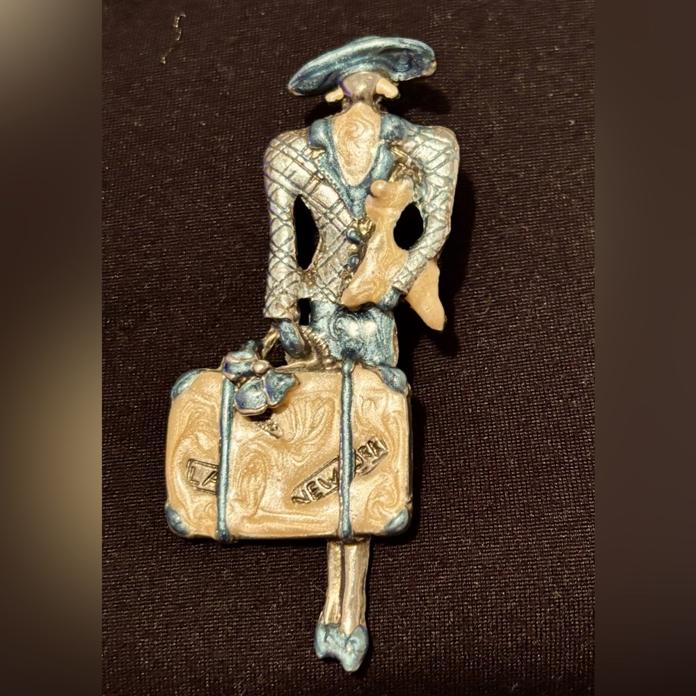 Vintage Enamel Traveler Brooch with suitcase/Poodle & vibrant Enamel